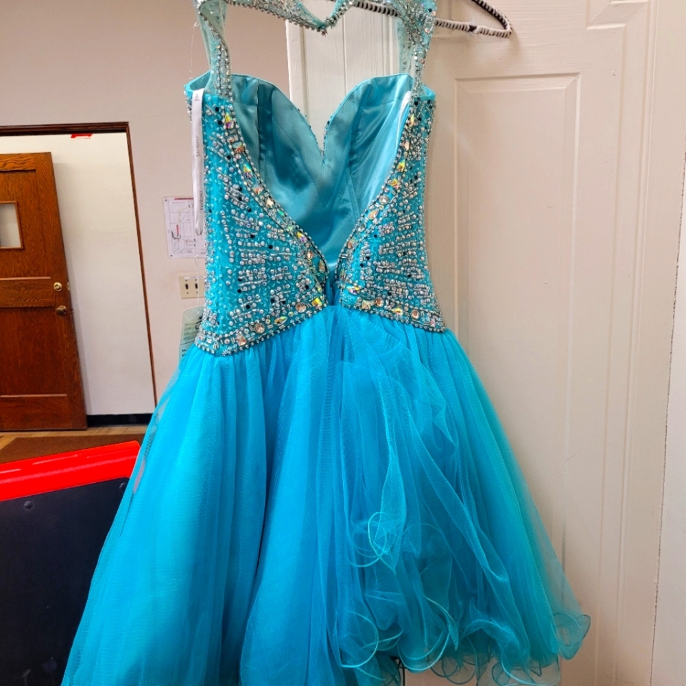 Tony Bowls Turquoise Beaded A-Line Prom Dress